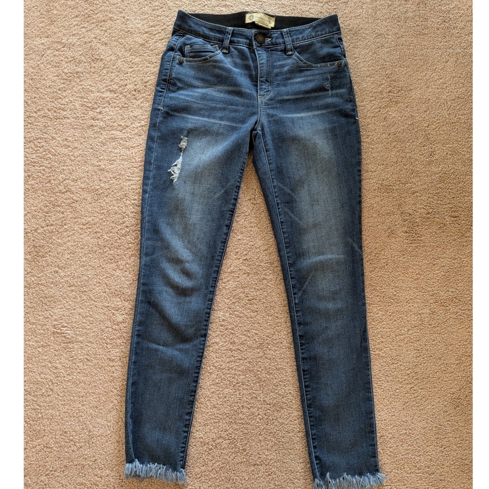 Democracy Ab Solution Dark Wash Skinny Jeans Distressed Raw Hem Mid-Rise